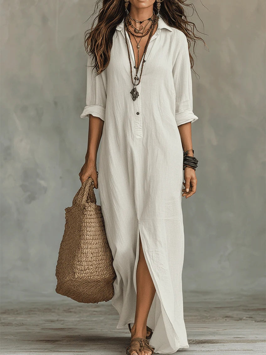 Soline™ | Oversized Zwarte Maxi Jurk met Knopen Wit