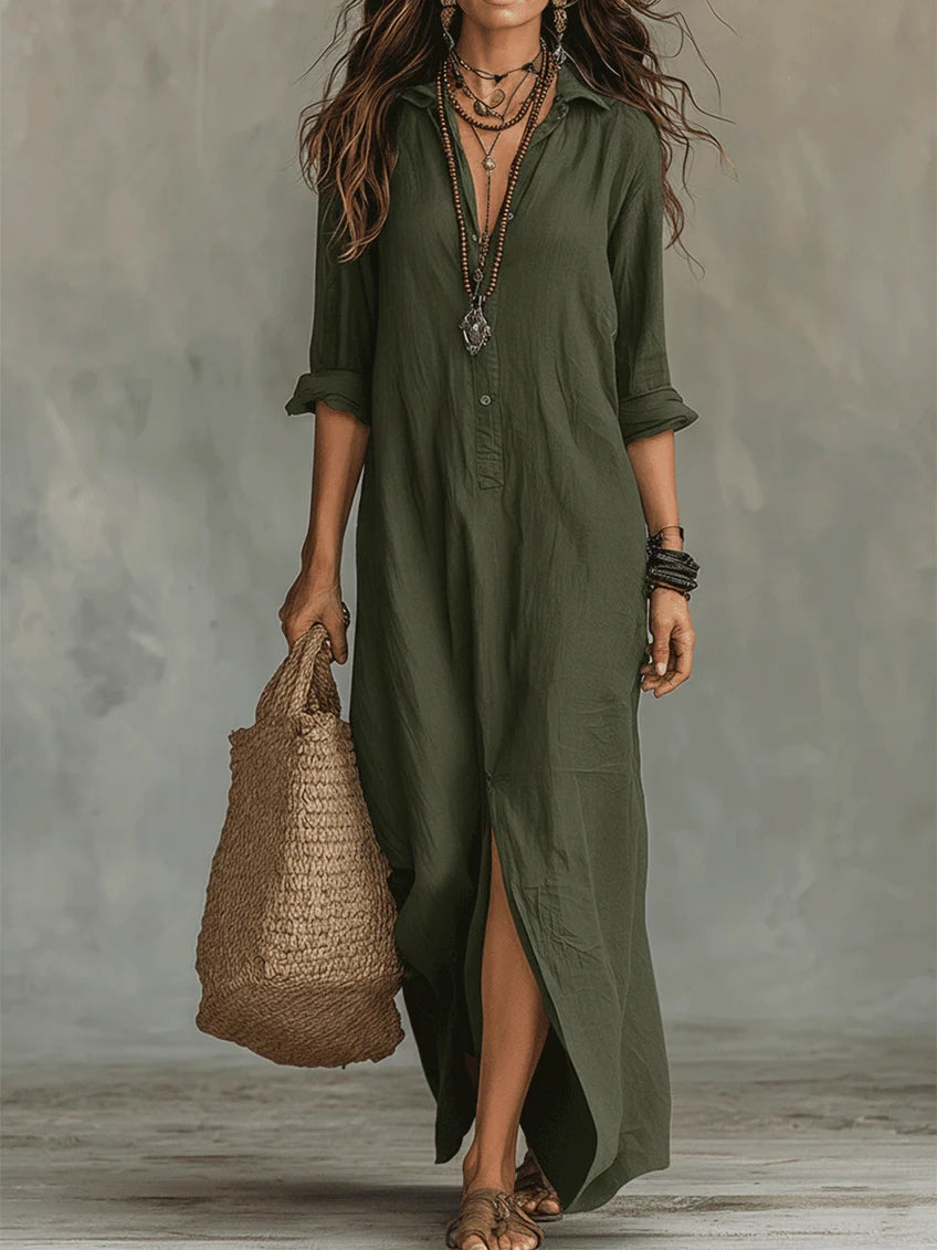 Soline™ | Oversized Zwarte Maxi Jurk met Knopen Groen
