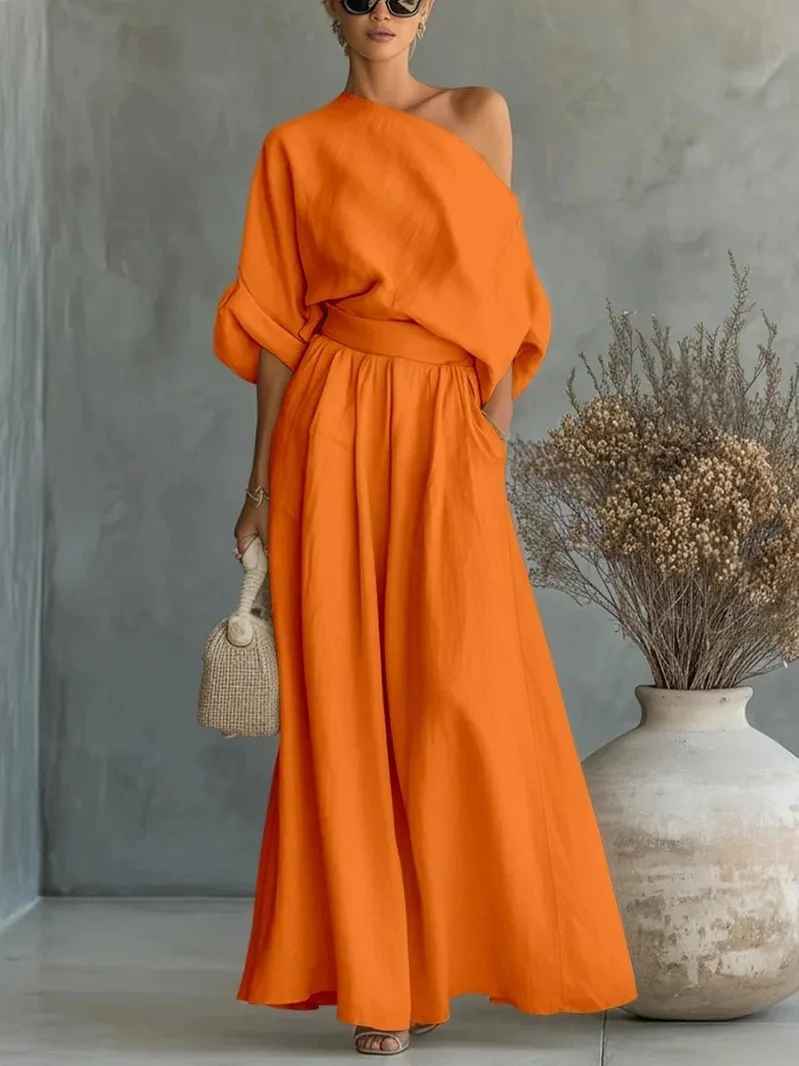 Lisa™ | Zachte Off-Shoulder Top en Tapered Broek Set Oranje