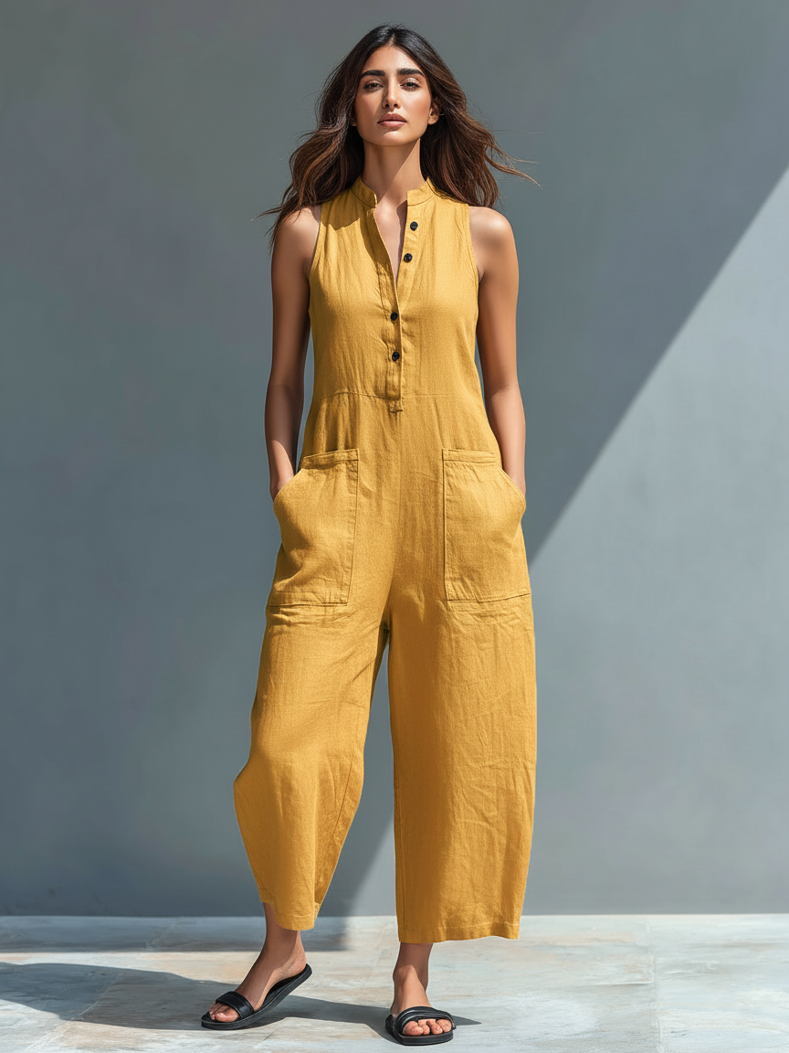 Nova™ | Mouwloze Linnen Jumpsuit met Knopen Geel