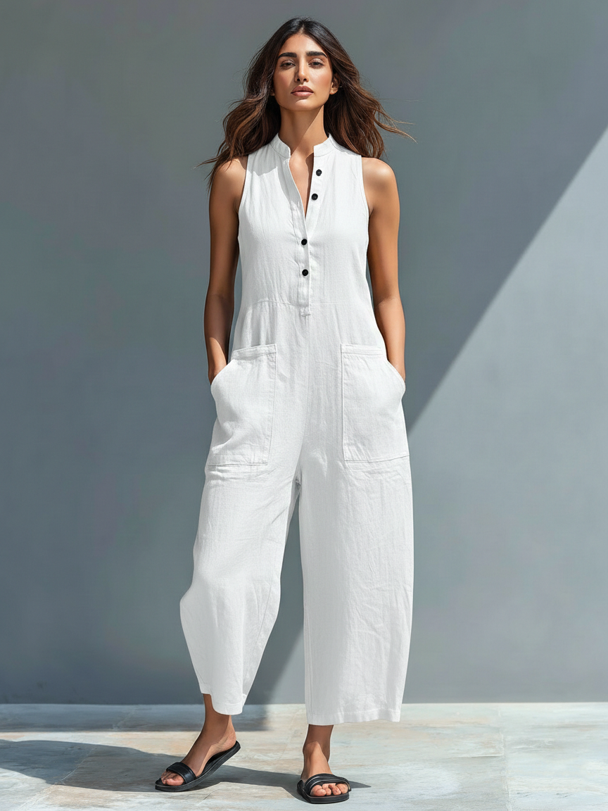 Nova™ | Mouwloze Linnen Jumpsuit met Knopen Wit
