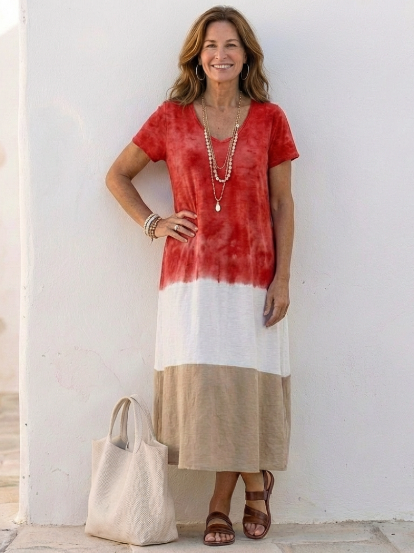 Thalia™ | Korte Mouw Kleurblok V-Hals Midi Jurk Rood