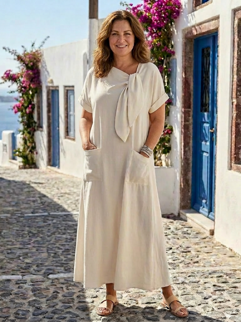 Elowyn™ | Ronde Hals Korte Mouw Pocket Maxi Jurk Beige