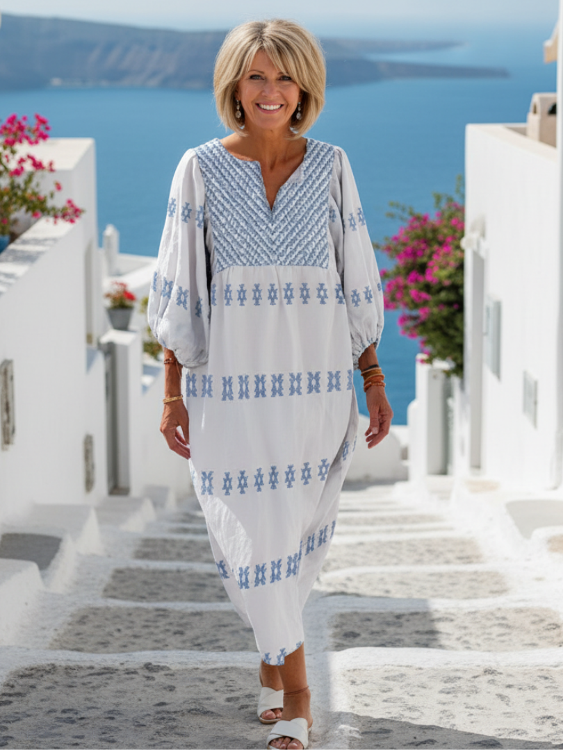 Evadne™ | V-Hals Lange Mouw Geborduurde Maxi Jurk Wit