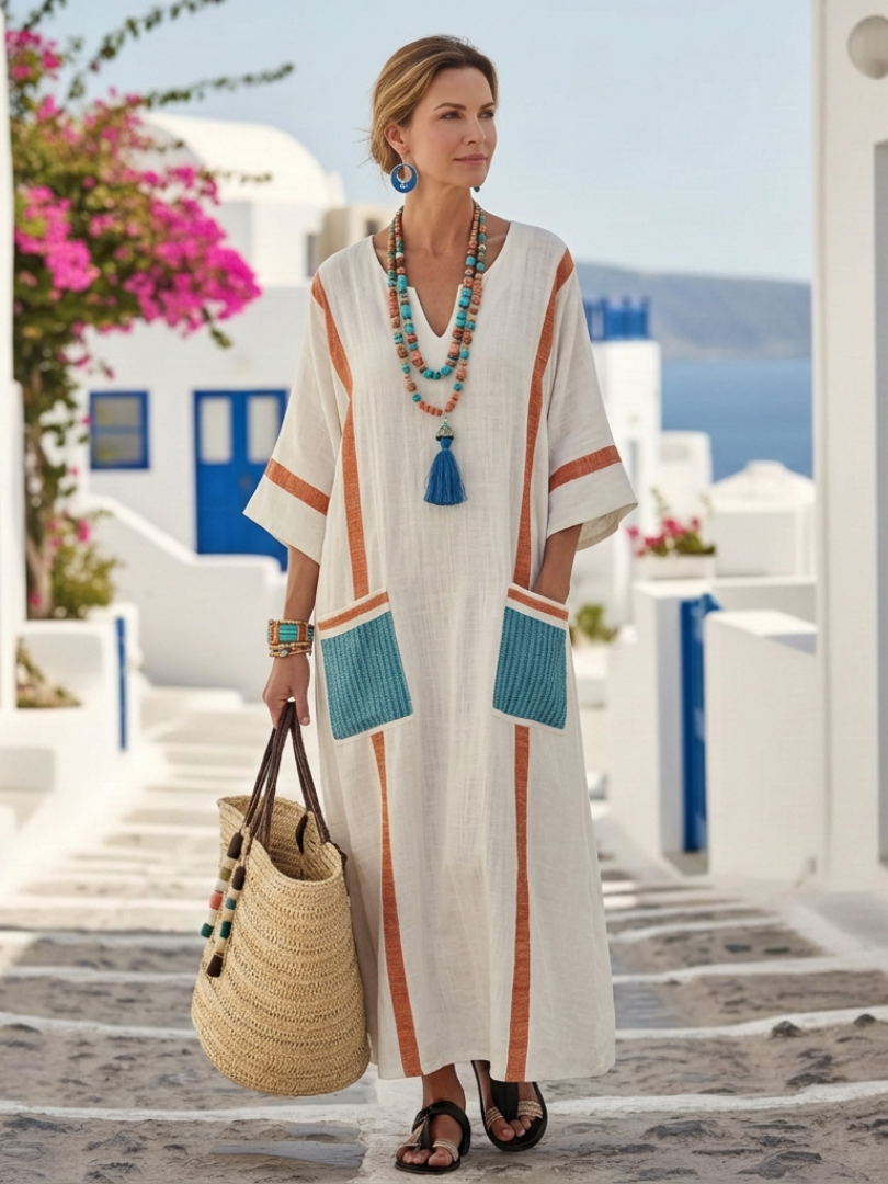 Noemi™ | V-Hals Halve Mouw Pocket Maxi Jurk Oranje