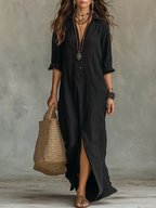 Soline™ | Oversized Zwarte Maxi Jurk met Knopen Zwart