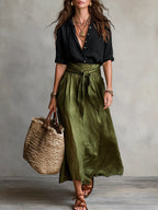 Vera™ | Twee-delige Set: Zwarte Top en Olijfgroene Midi Rok Zwart Groen
