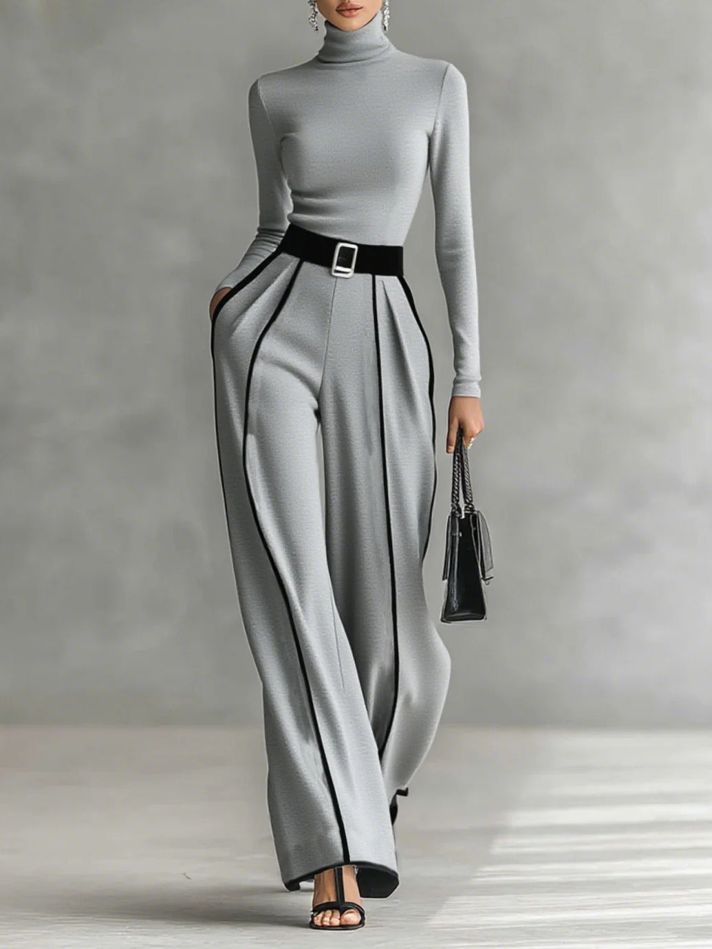 Solana™ | Set met lange mouwen coltrui en wijde broek met riem Grijs