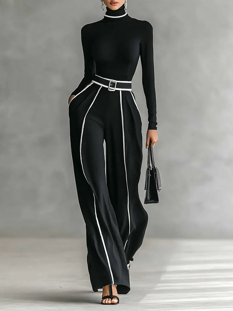 Solana™ | Set met lange mouwen coltrui en wijde broek met riem Zwart