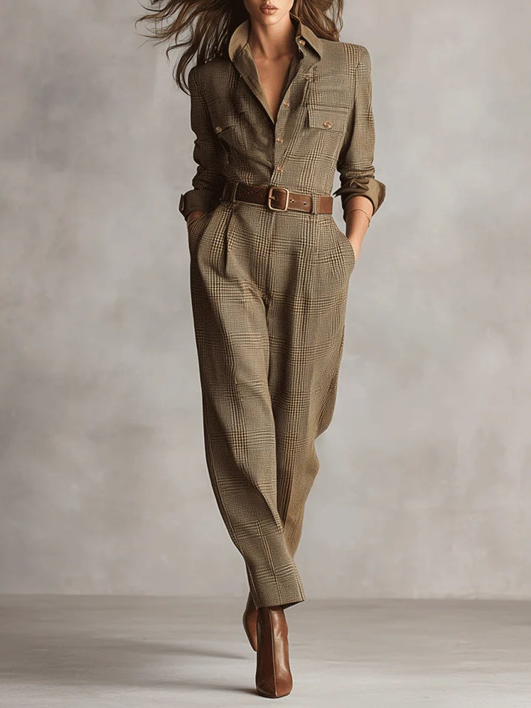 Anna™ | elegante geruite jumpsuit Bruin