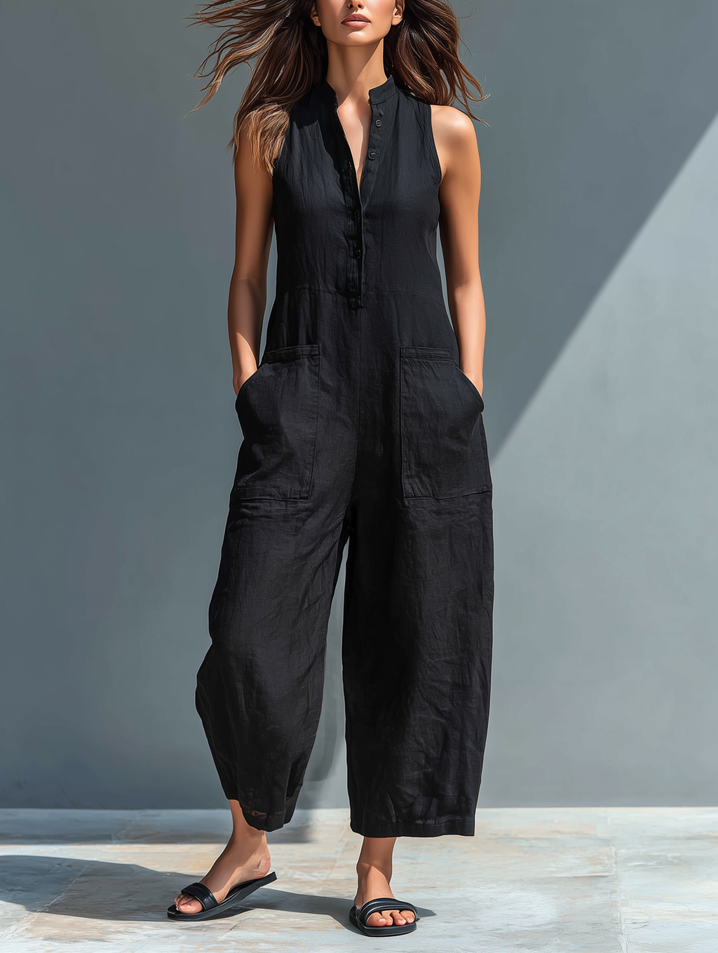 Nova™ | Mouwloze Linnen Jumpsuit met Knopen Zwart