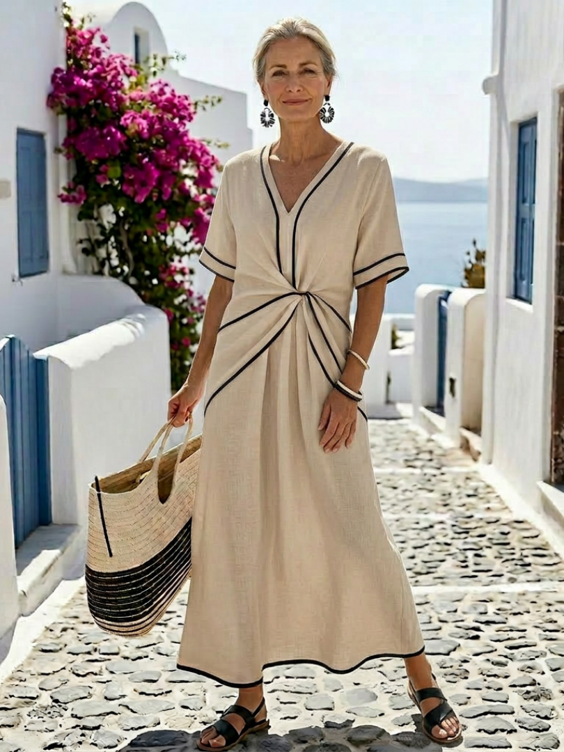 Linnea™ | V-hals Korte Mouw Gathered Taille Midi Jurk Beige