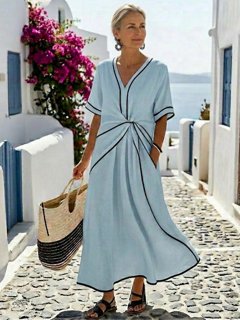 Linnea™ | V-hals Korte Mouw Gathered Taille Midi Jurk Luchtblauw